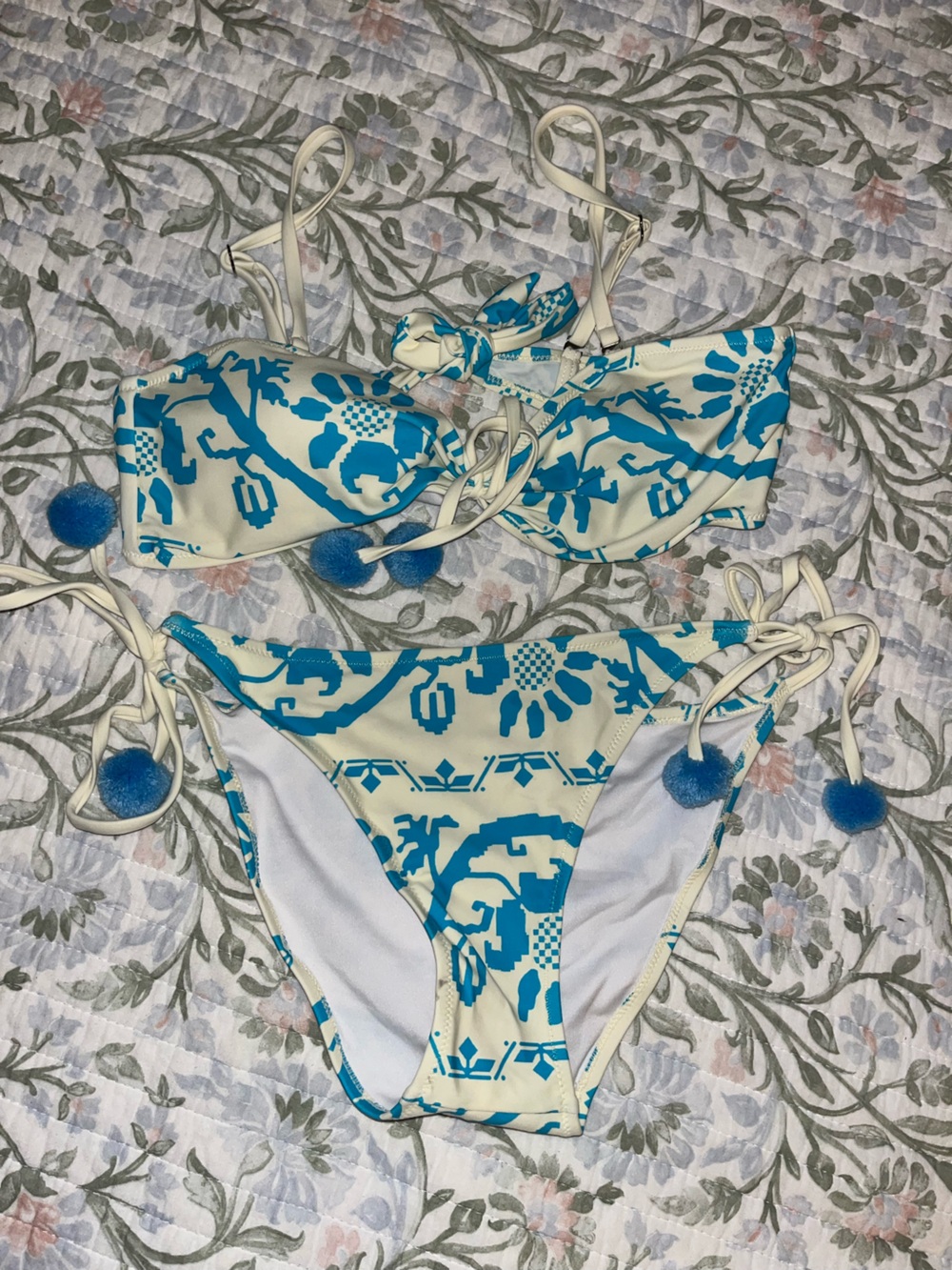 Blue & Cream Pom-Pom Tie Side Bikini